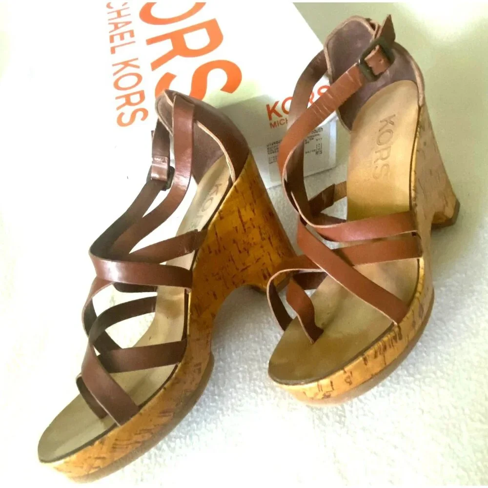 size 8.5 Michael Kors Glossy Cork Sandal, Luggage Brown Strappy Platform‎ Heel